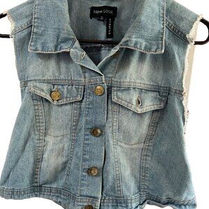 Jeans Vest y2K New Look Ladies Faded Blue Denim Size 1X‎ Stretch Y2K Biker
